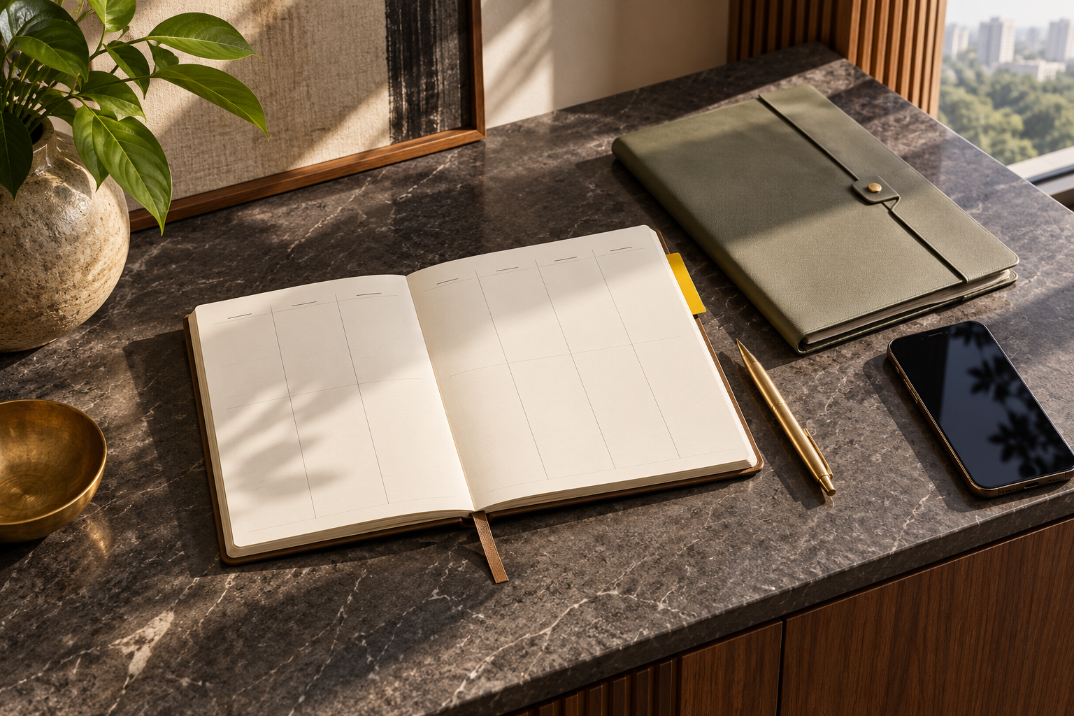 An open planner, pen, closed sage folder and phone on a stone console.