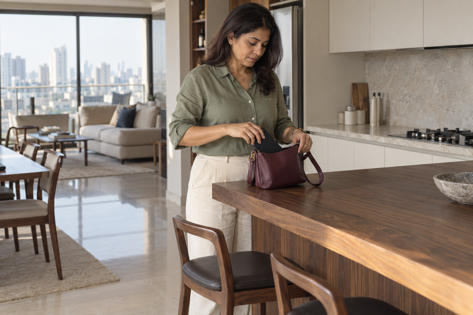 A woman in a sage shirt and cream trousers placing a phone in her burgundy bag beside a kitchen island.
