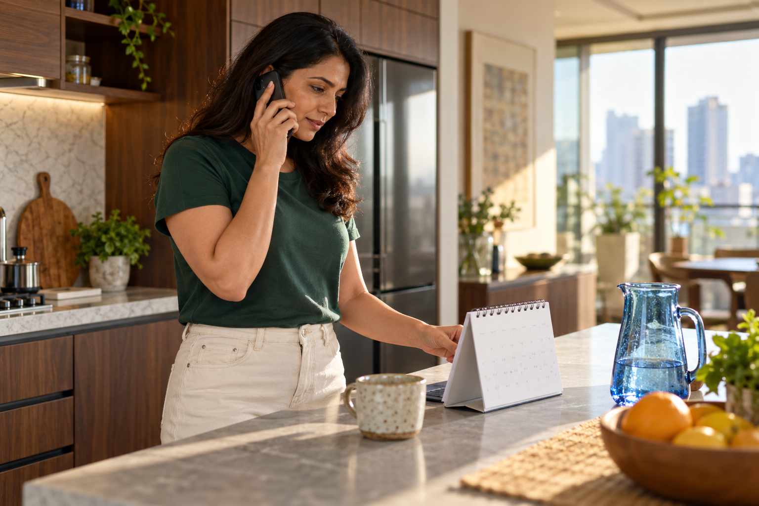 A woman in a green T-shirt speaking on her phone while looking at a desk calendar on a kitchen island.