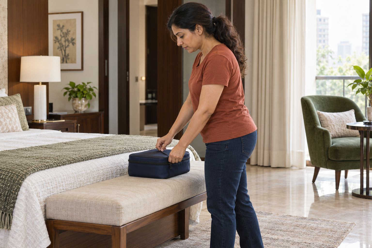 A woman in a rust T-shirt and jeans closing a navy travel case on a bedroom bench.