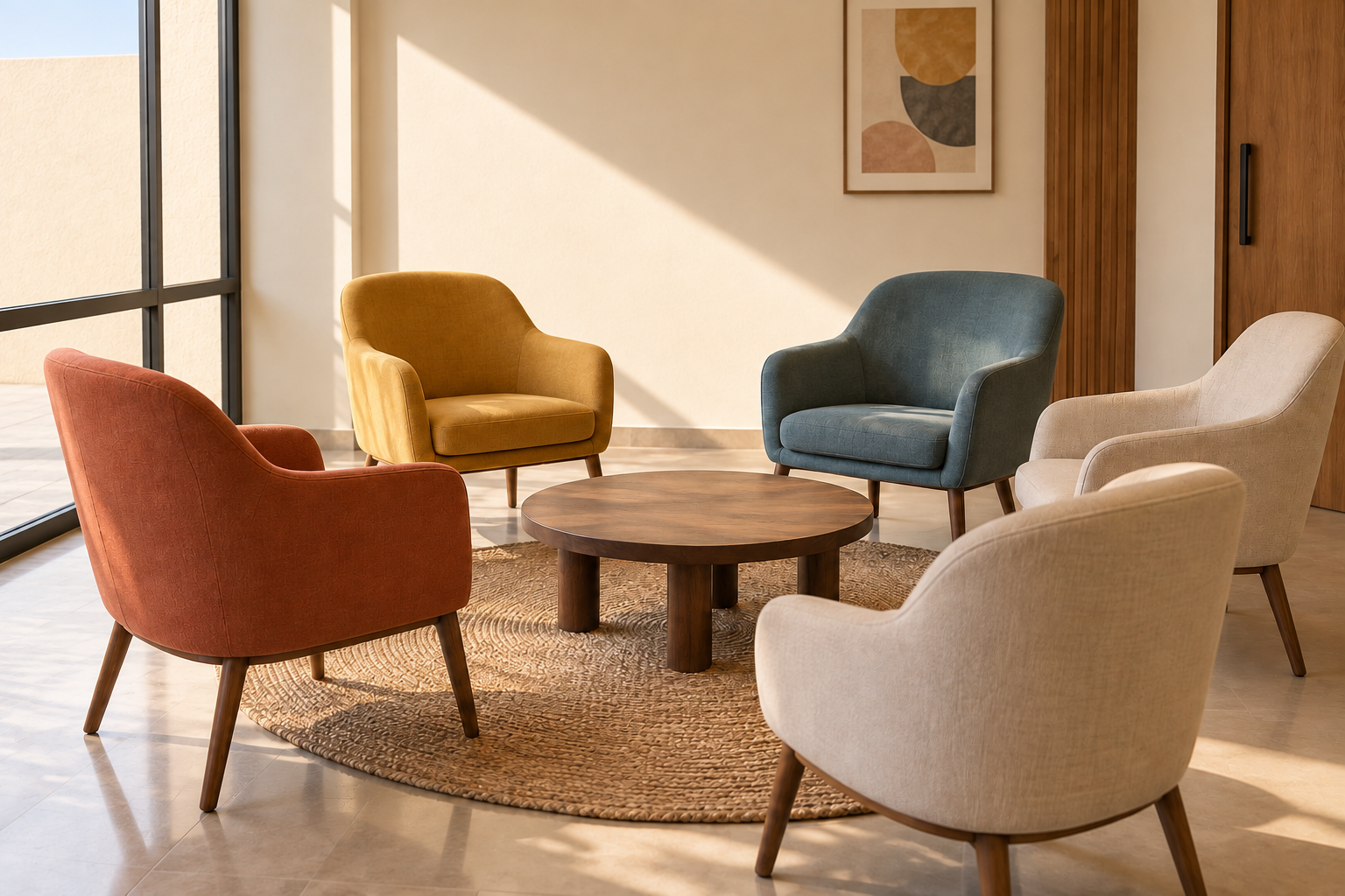 Five empty chairs in a fictional consultation space, representing different care roles.