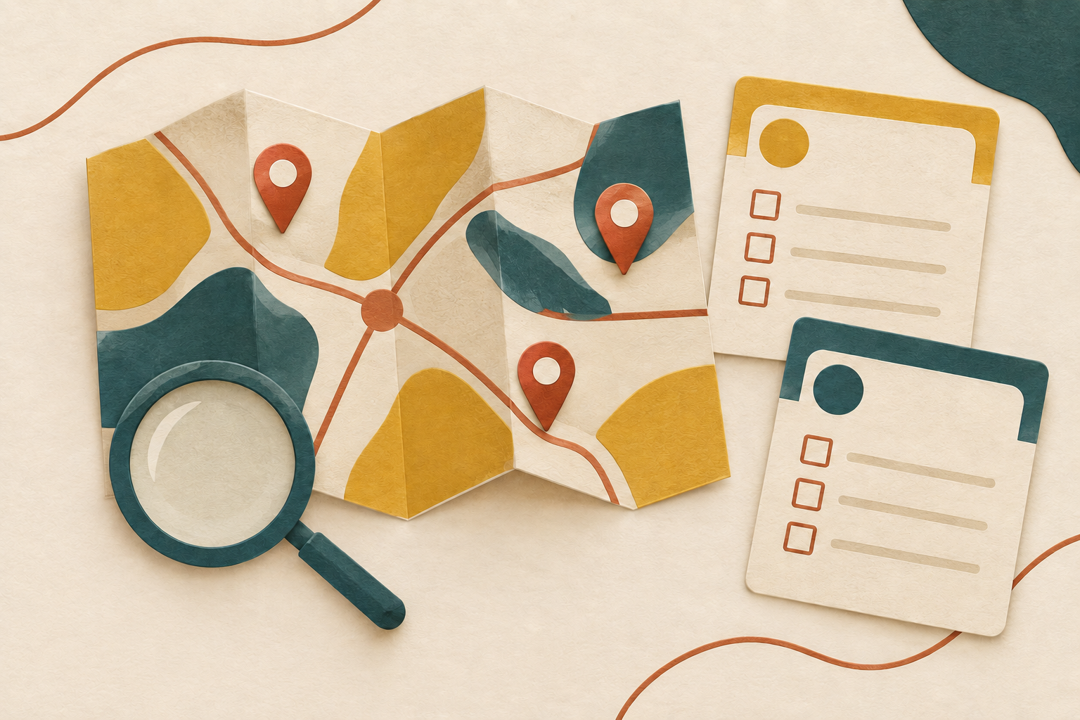 Conceptual map with location pins and blank comparison cards; not a real clinic map.