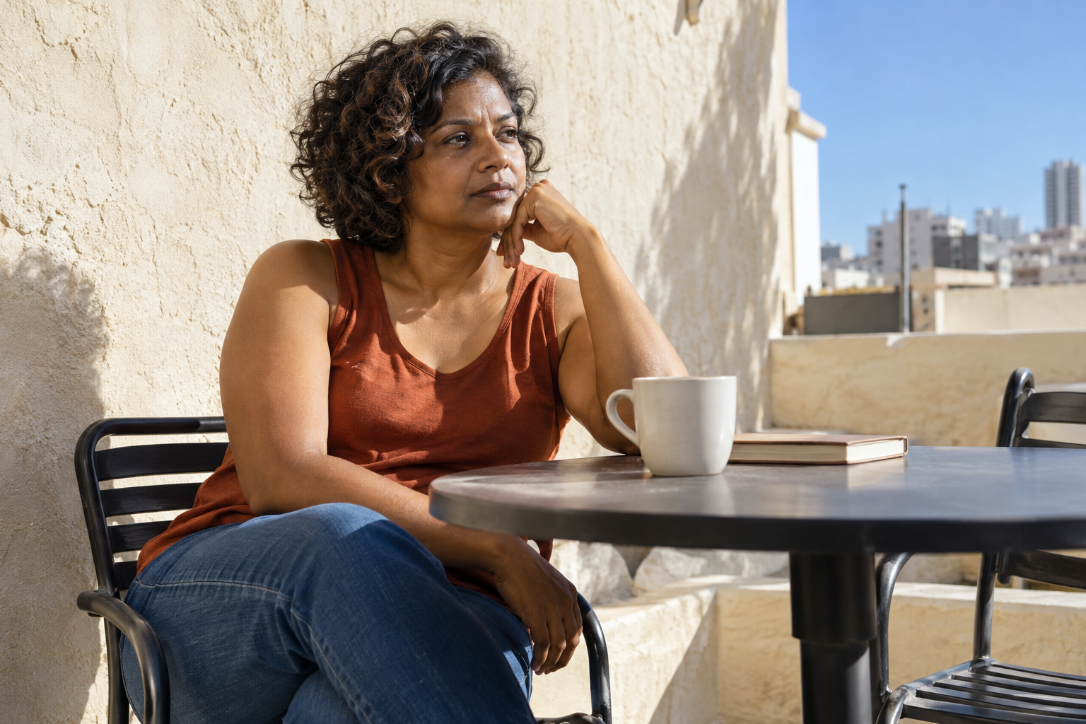 A woman in a rust sleeveless top and jeans sitting thoughtfully at an outdoor cafe.