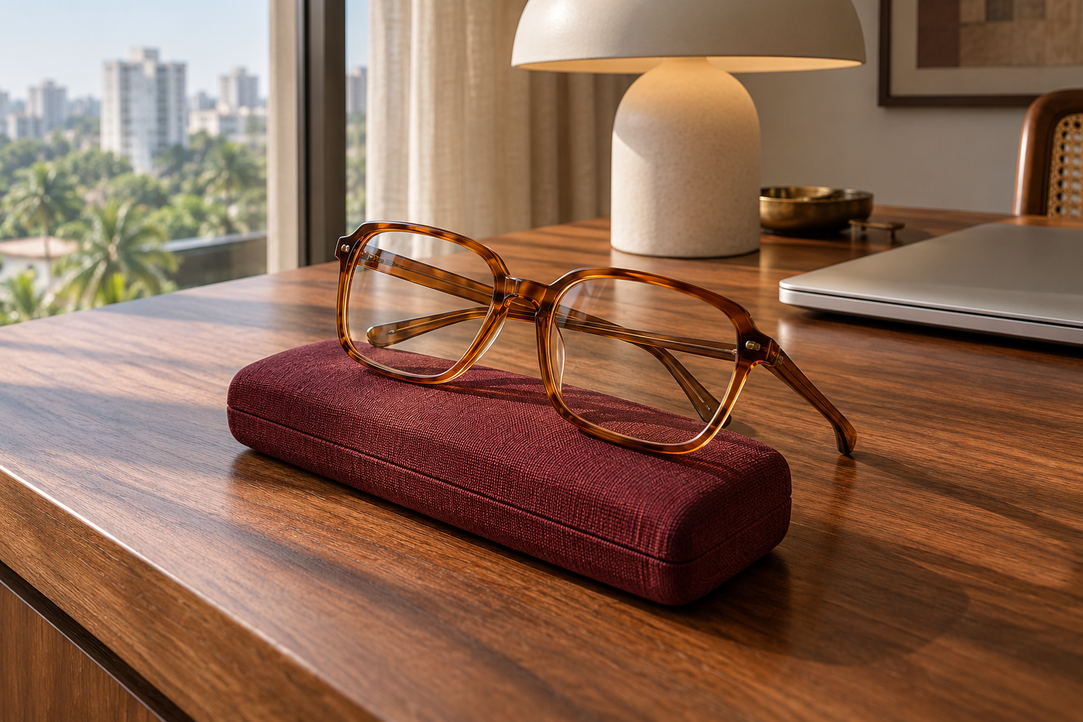 Amber glasses on a burgundy case beside a closed laptop and cream lamp on a walnut desk.