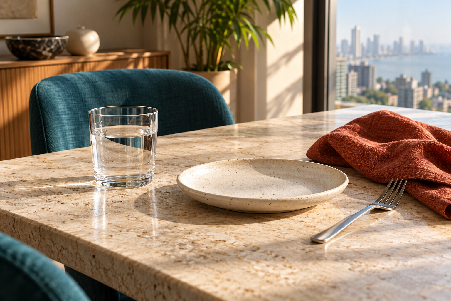 A glass of water, ivory plate and terracotta napkin on a sunlit stone dining table beside a teal chair.