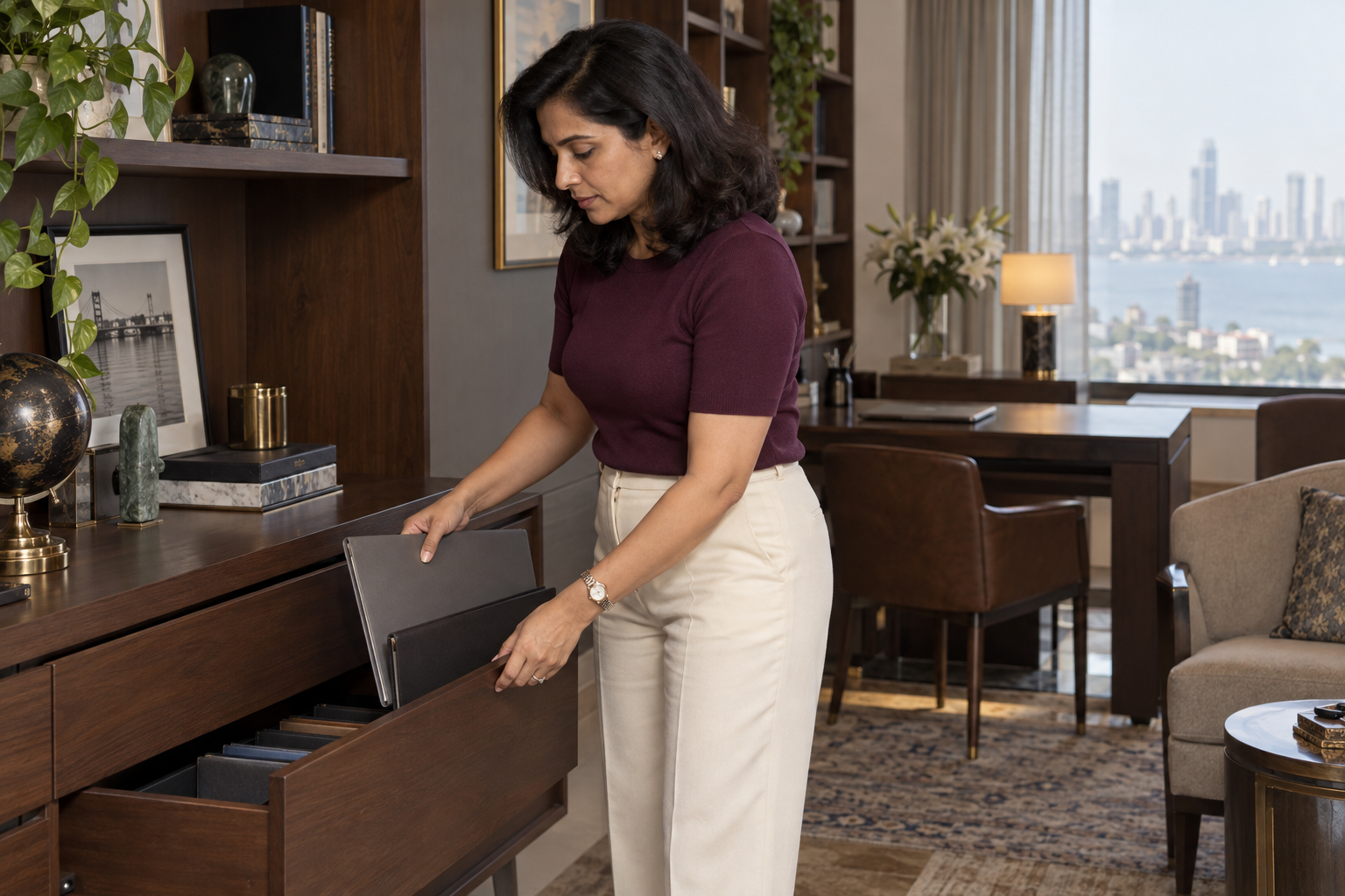 A woman in a plum knit top and cream trousers sorting folders into a drawer in a home study.