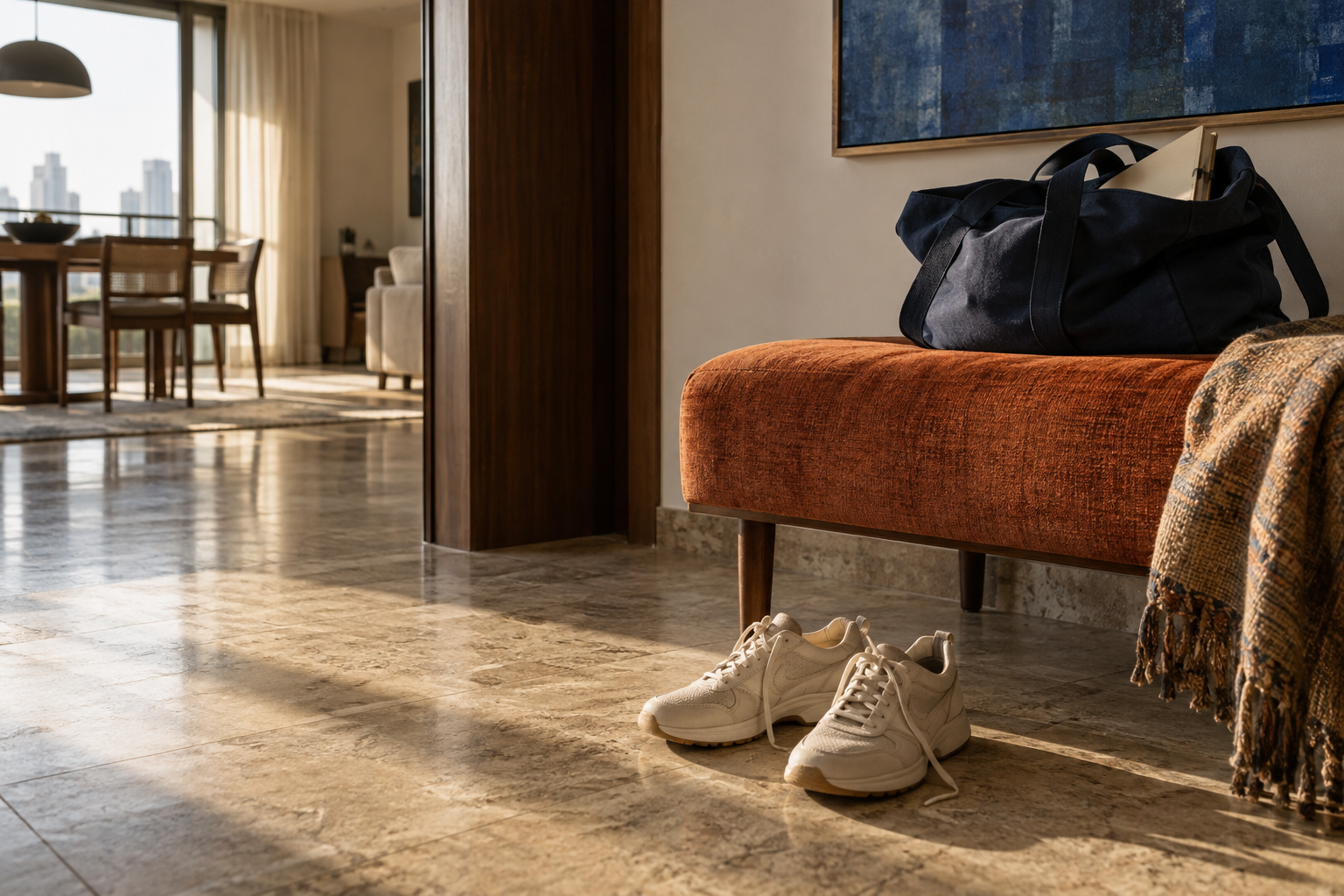 Walking trainers beside a rust-coloured bench with a navy bag and notebook in a sunlit apartment.