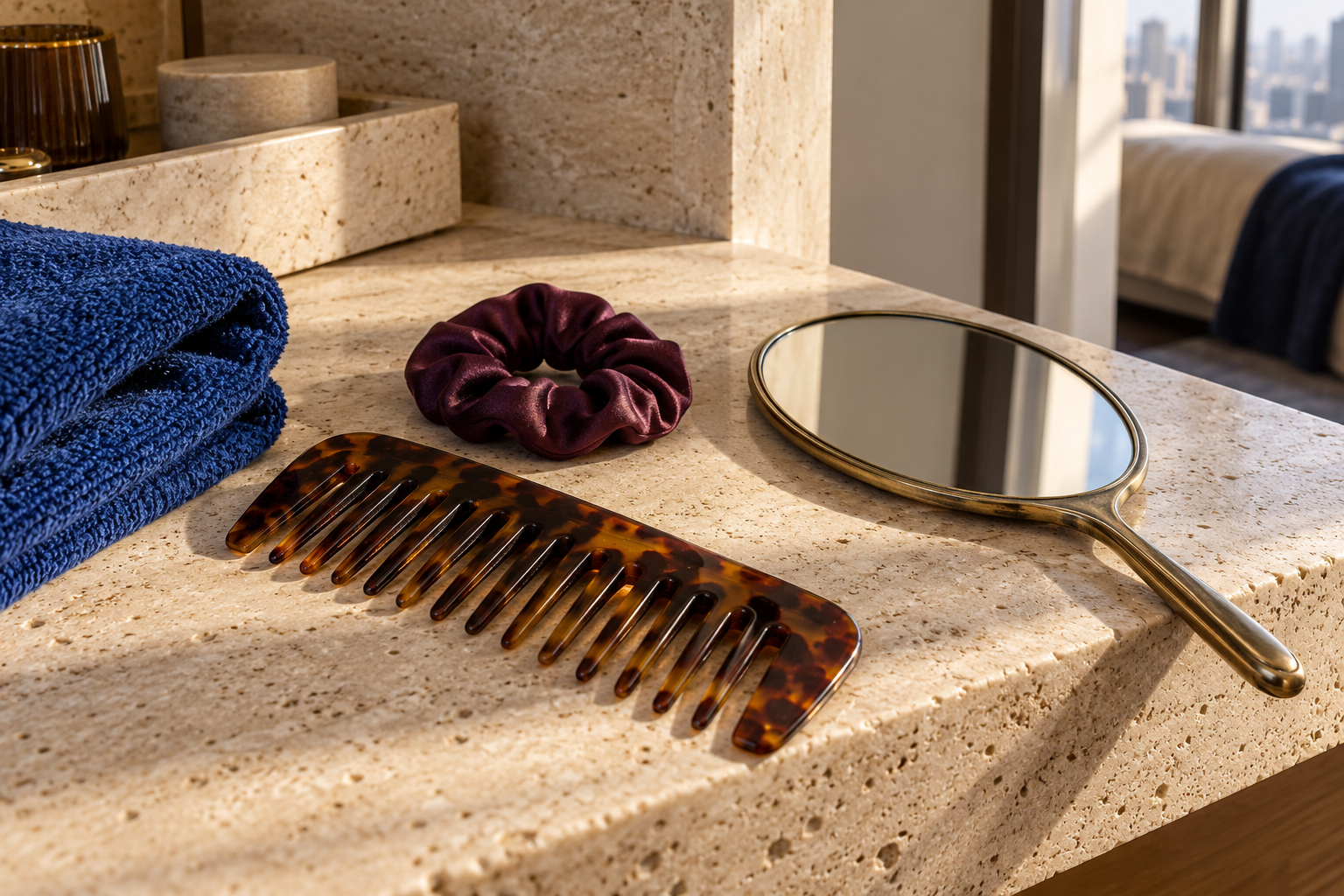 A tortoiseshell comb, plum hair tie and hand mirror beside a blue towel on a stone dressing counter.