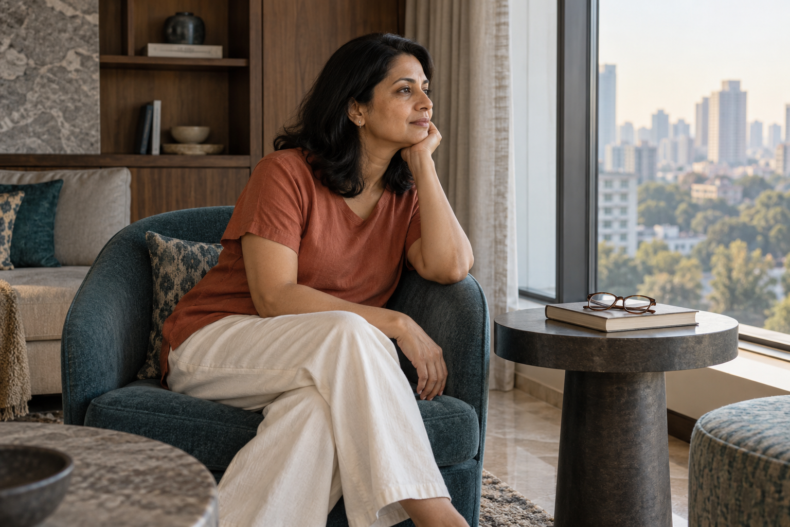 A woman in a terracotta T-shirt and ivory trousers looking out from a reading chair, with glasses resting on a closed book.