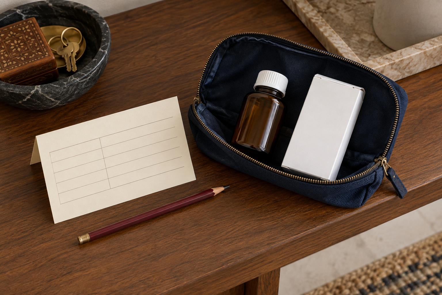 A plain bottle and carton in a navy pouch beside a blank inventory card and burgundy pencil.