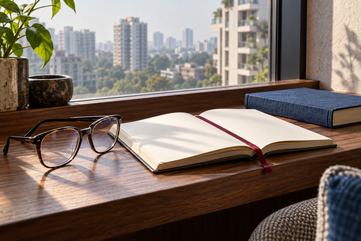Reading glasses, an open notebook and a blue book on a sunlit walnut window ledge.