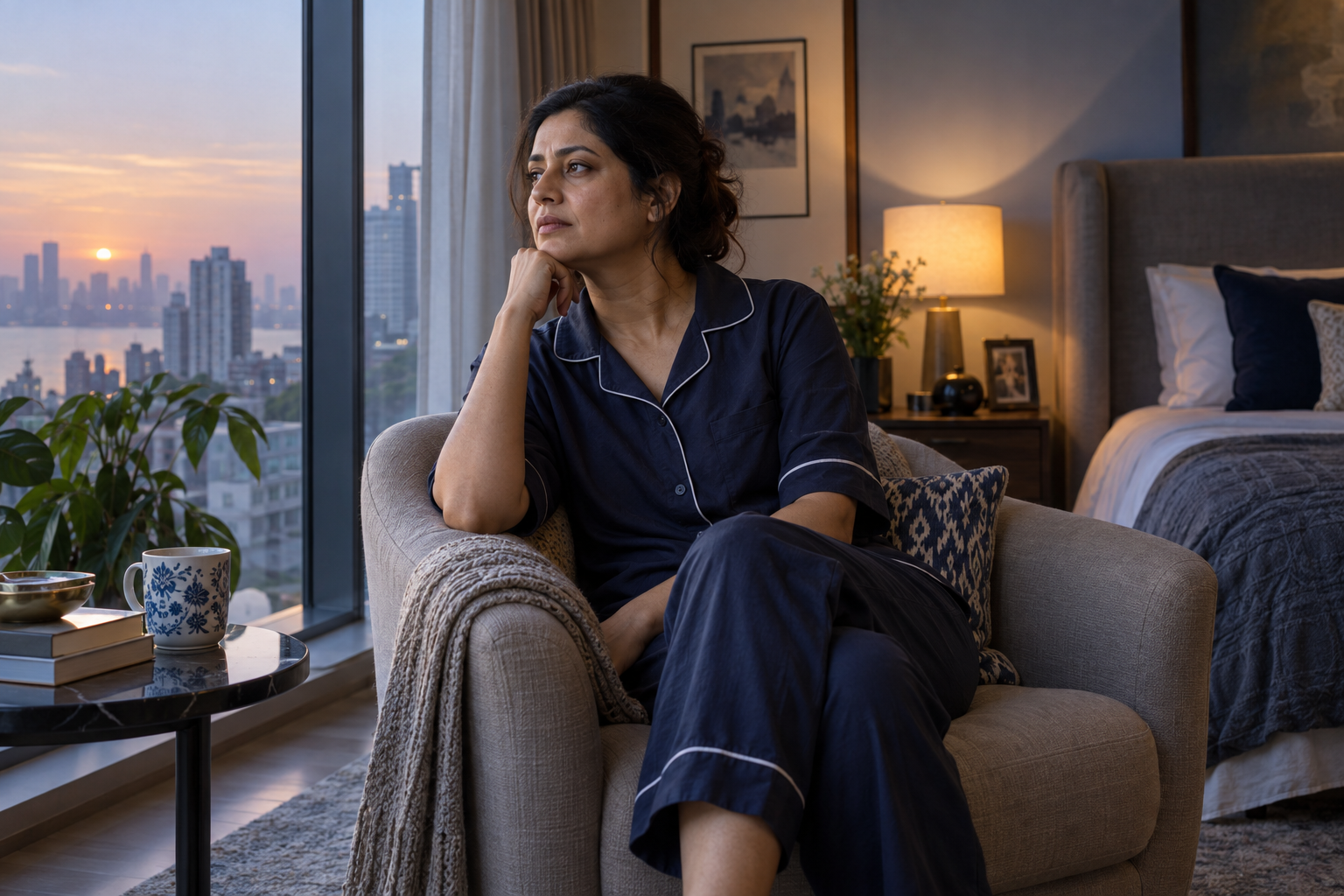 A woman in navy cotton nightwear sitting in an armchair beside a bedroom window at dawn.