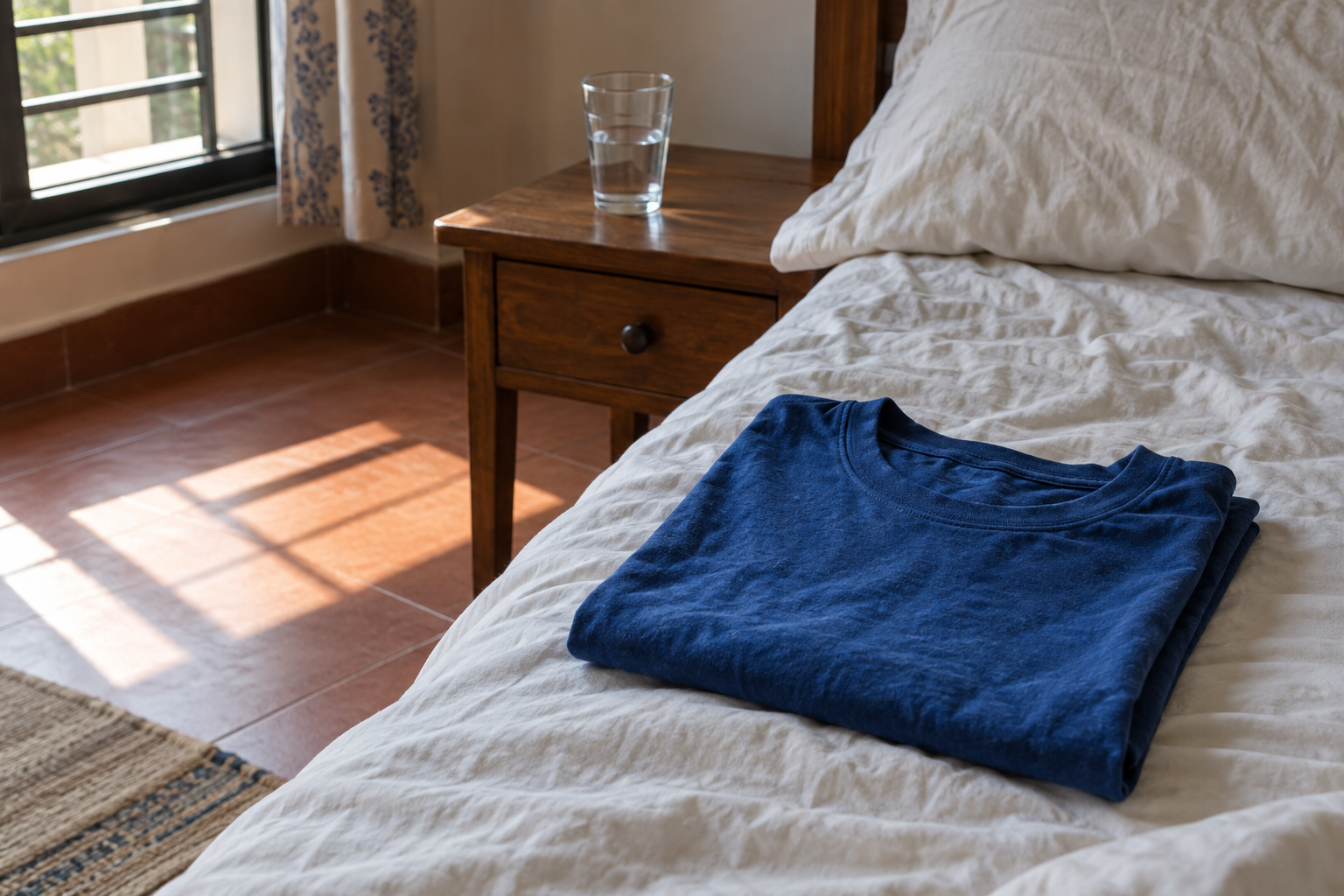 A folded blue T-shirt on an off-white bed beside a glass of water in morning light.