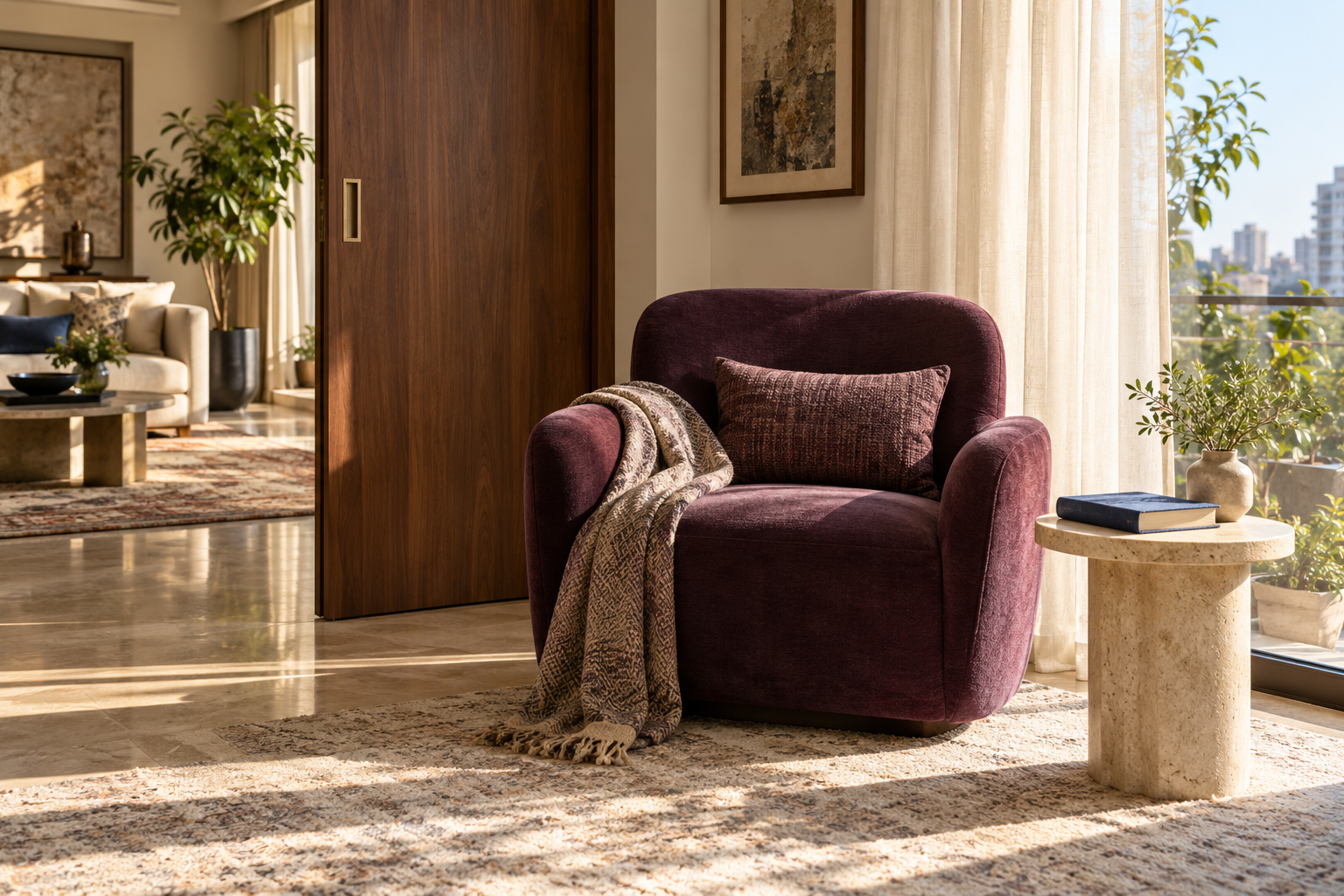 A plum armchair beside a partly open wooden door, with a closed blue journal on a stone side table.