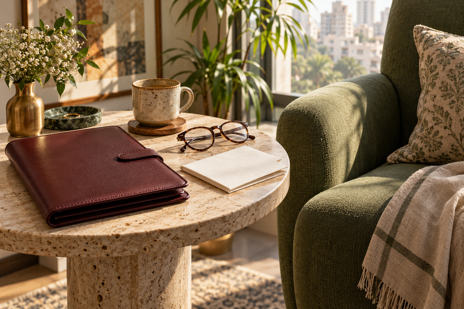 A closed burgundy folio, folded paper and glasses beside a green armchair.