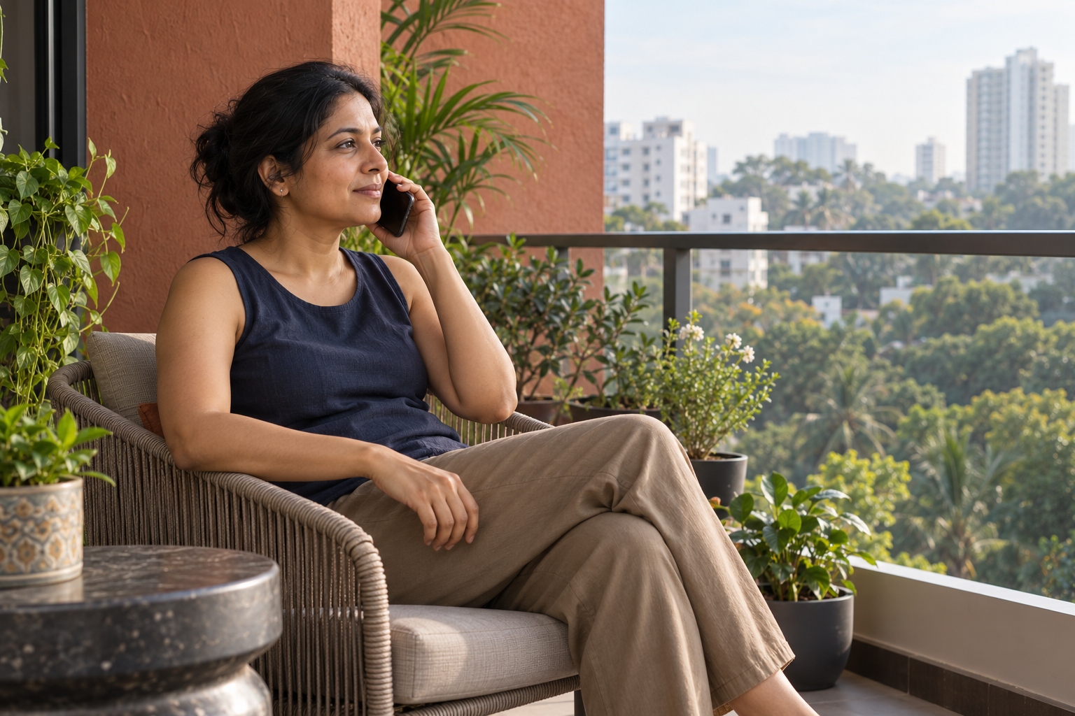 A woman in a navy sleeveless top and tan trousers talking on her phone on an apartment balcony.