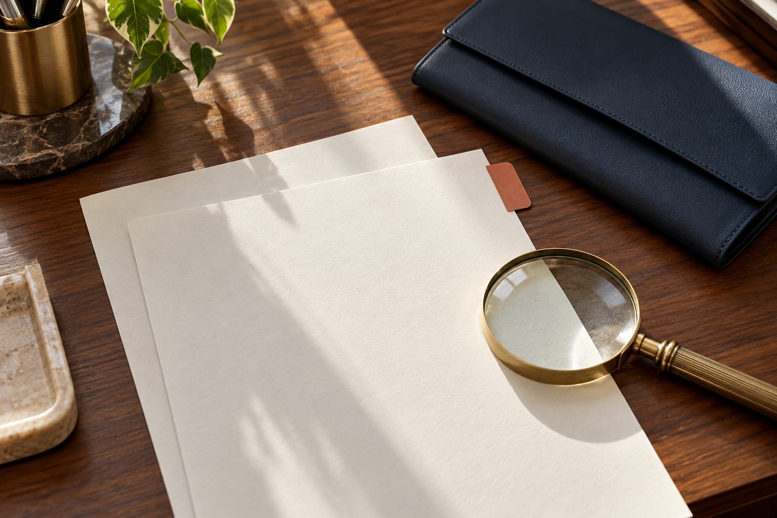 Blank sheets with a terracotta page tab, a brass magnifying glass and a navy document wallet on a wooden desk.