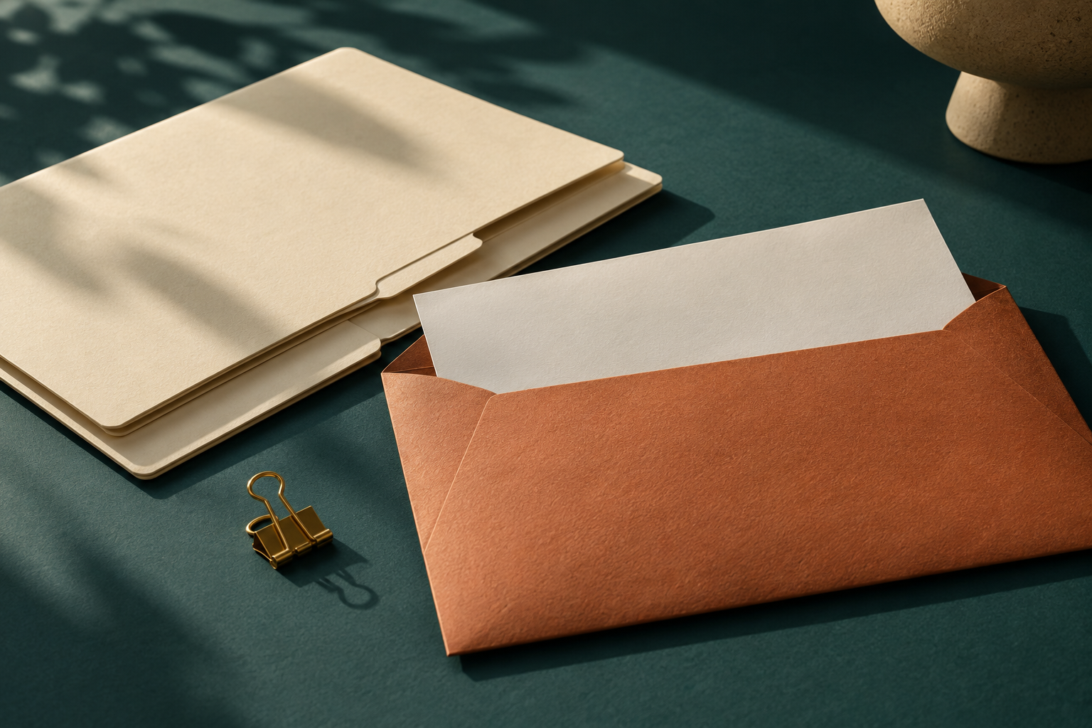 Blank folders and an envelope representing a document handover.