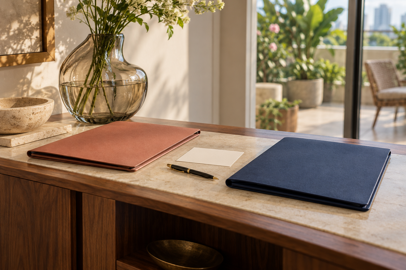 Terracotta and navy document folders with a blank card and pen on a sunlit console beside a terrace.