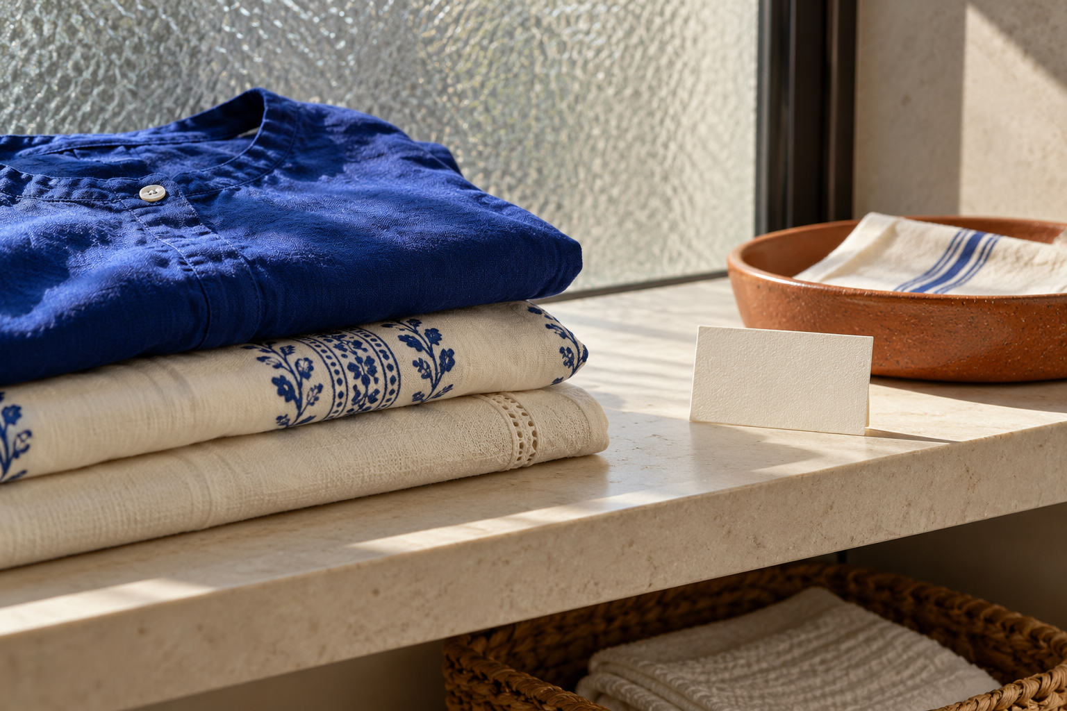 Folded blue and ivory fabric beside a blank card and ceramic tray on a stone shelf.