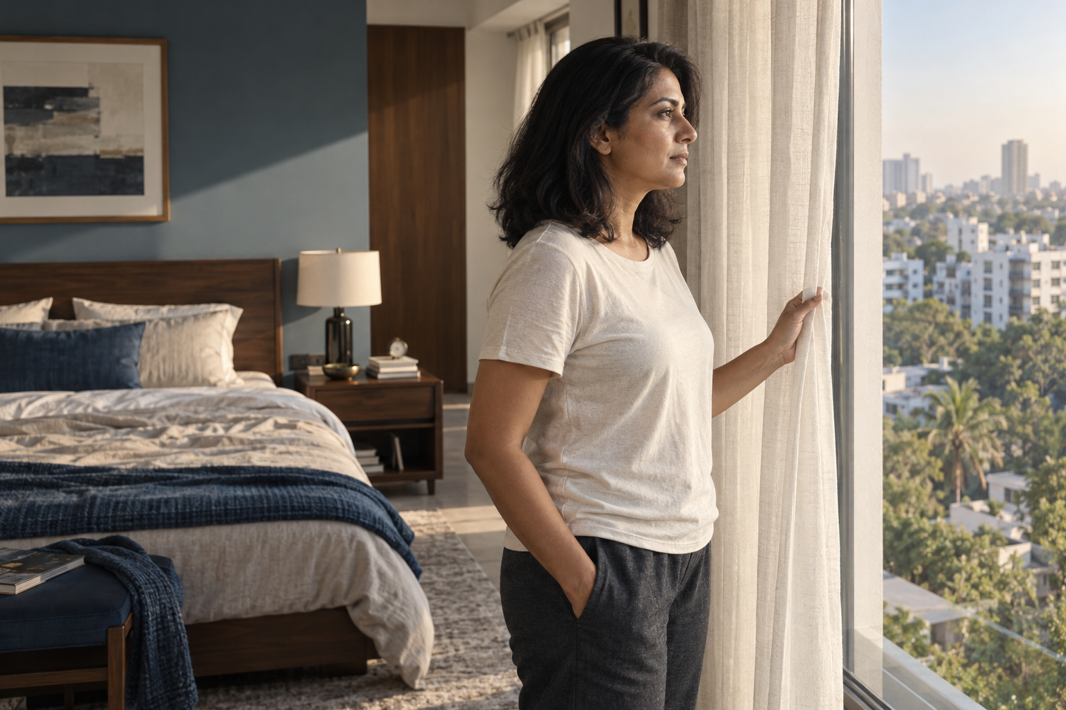 A woman in a plain cotton T-shirt standing beside open bedroom curtains in morning light.
