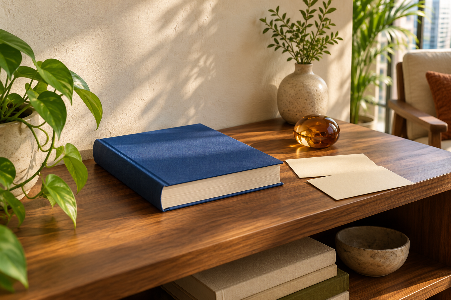 A blue book, blank cream cards and an amber glass paperweight on a sunlit wooden shelf.