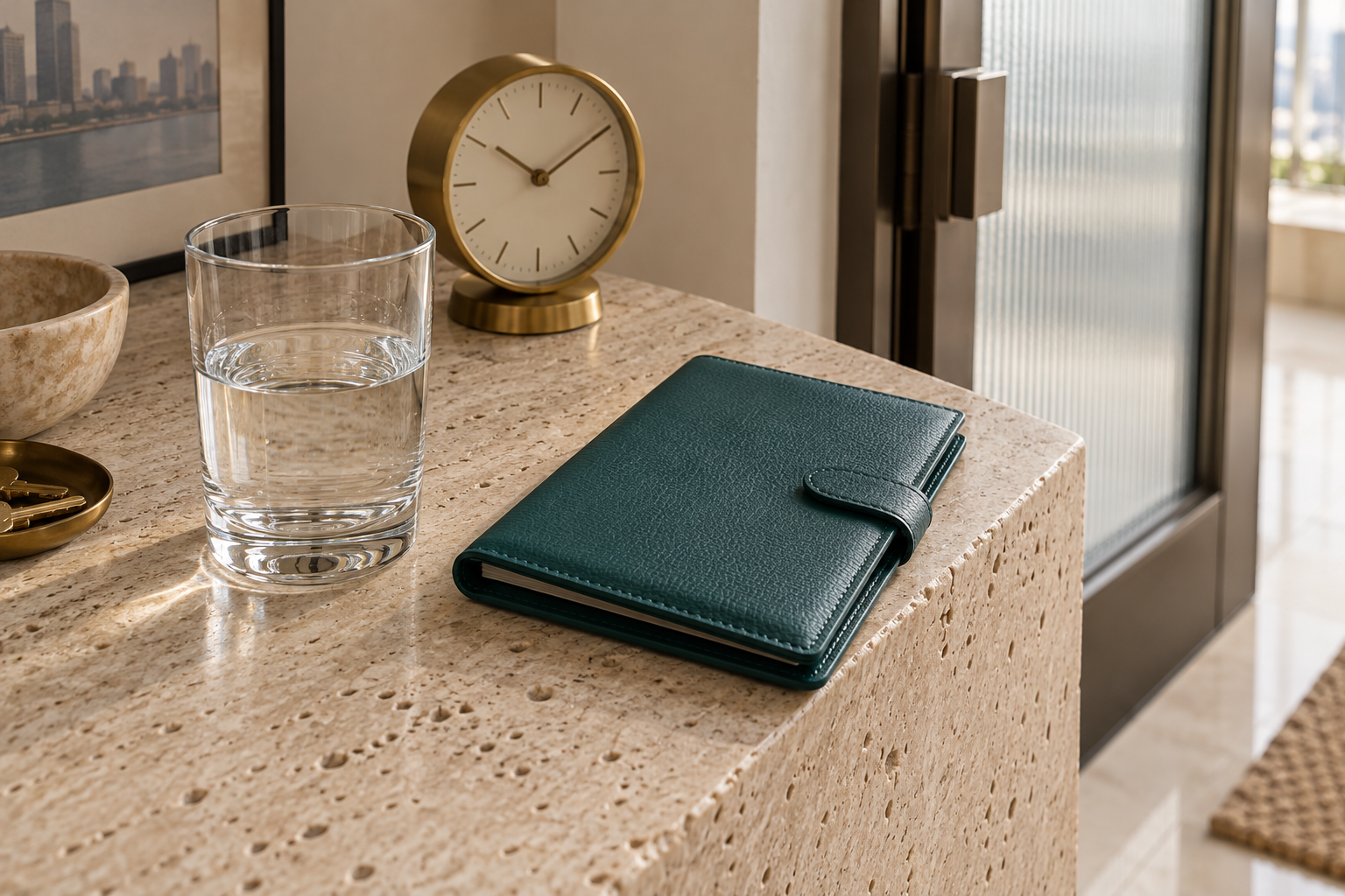 A water glass, brass clock and closed teal folio on a stone shelf beside a frosted glass door.