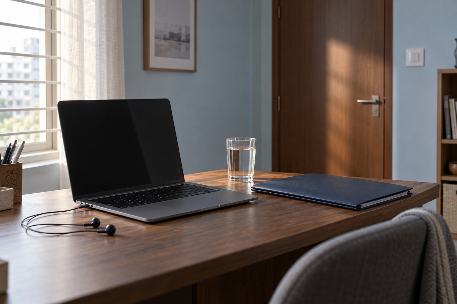 A laptop, earbuds and closed folder on a desk in a private room.