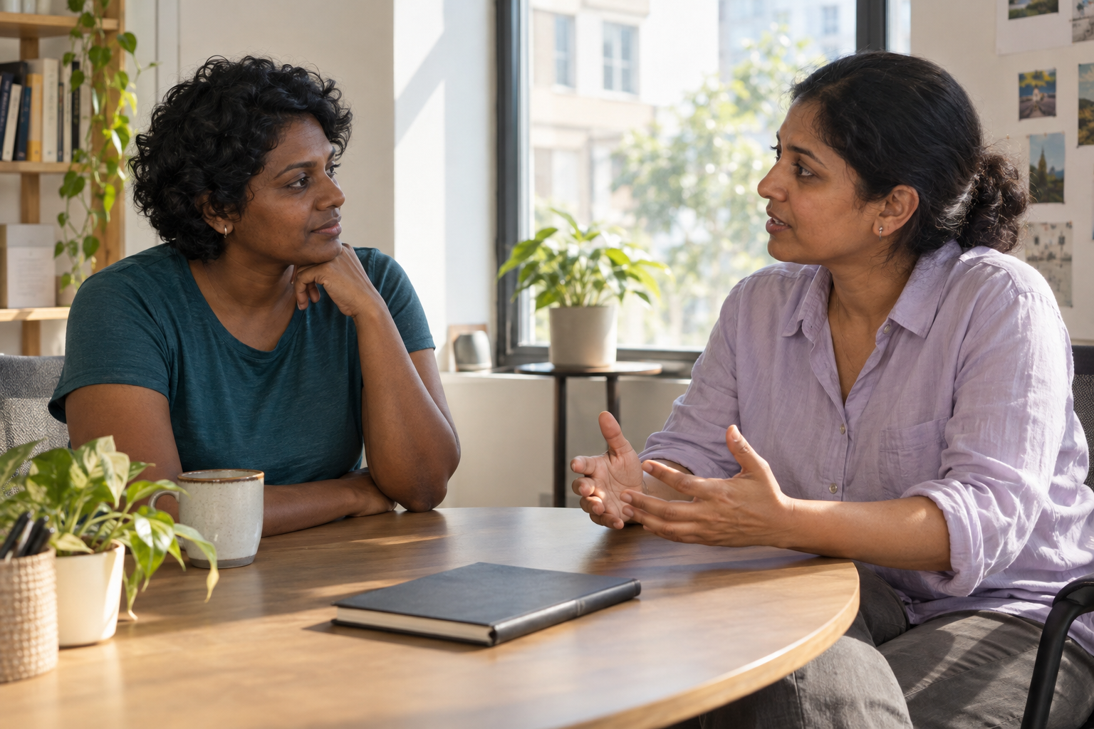 Two women in a teal T-shirt and lavender shirt discussing something at an office table.
